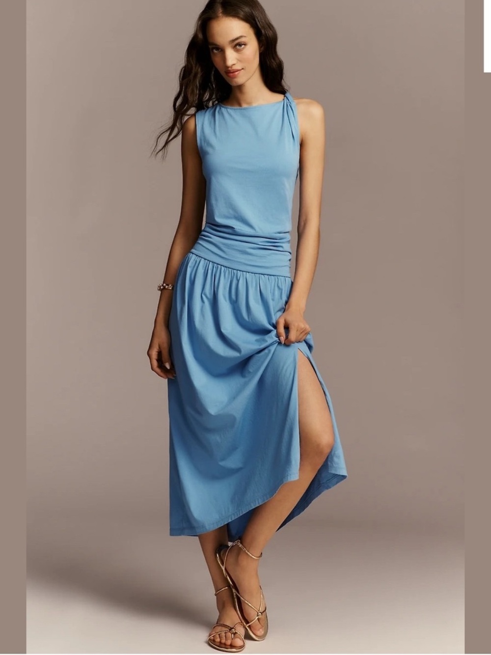 NWT Nation Los Angeles Cotton Cleo Drop Waist Midi Dress in Blue, Large